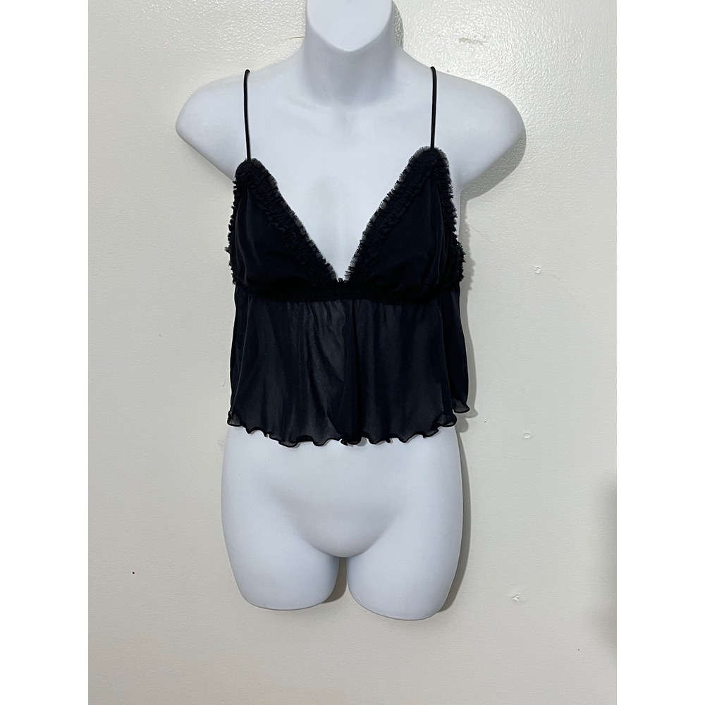 Out From Under Mesh Camisole Women Small Black Ruffle Trim Babydoll Top